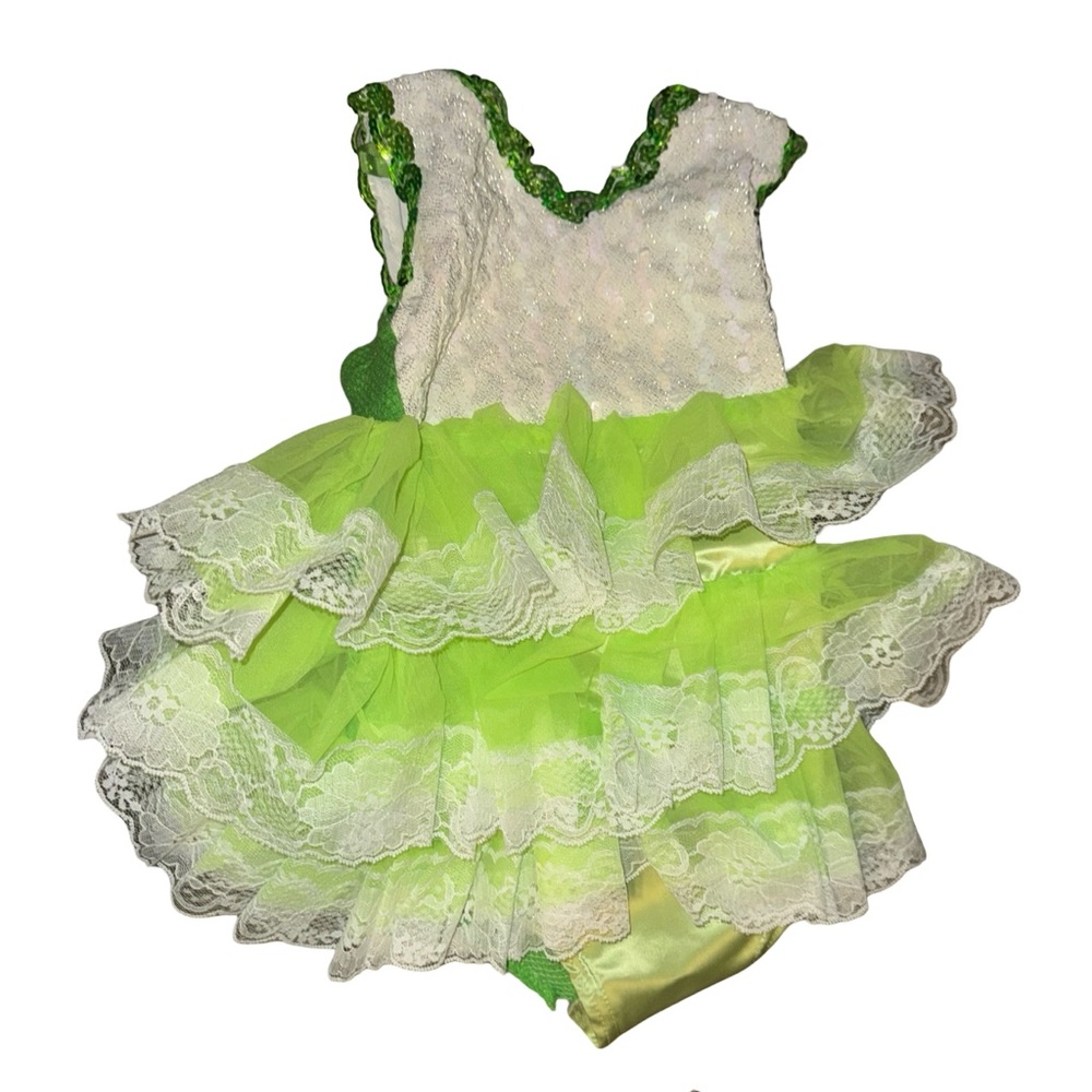 VTG neon green/ white lace ruffled/layered party pageant  dress up dress‎